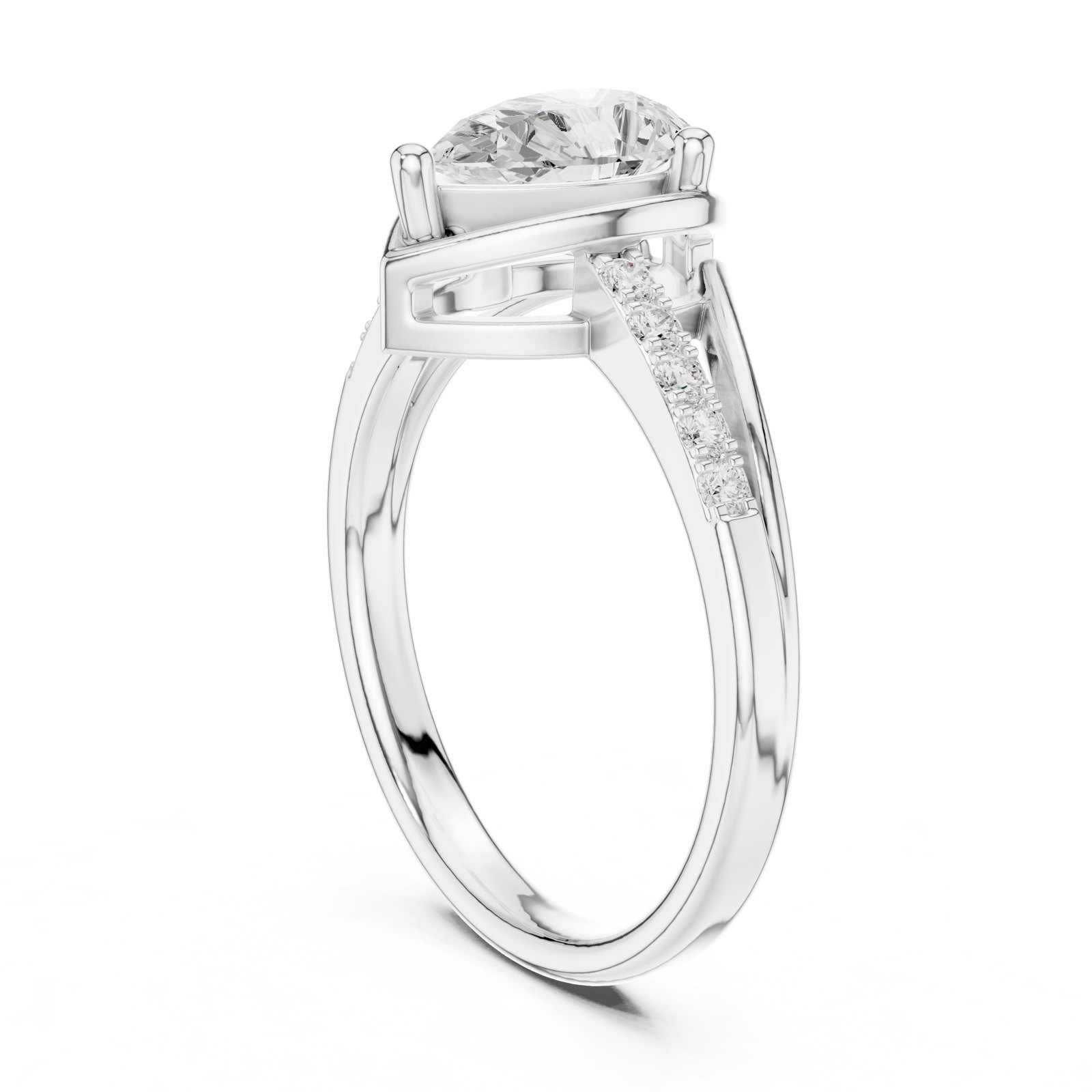Elisa Pear Bypass Solitaire Engagement Ring with Pavé Shoulder in white gold