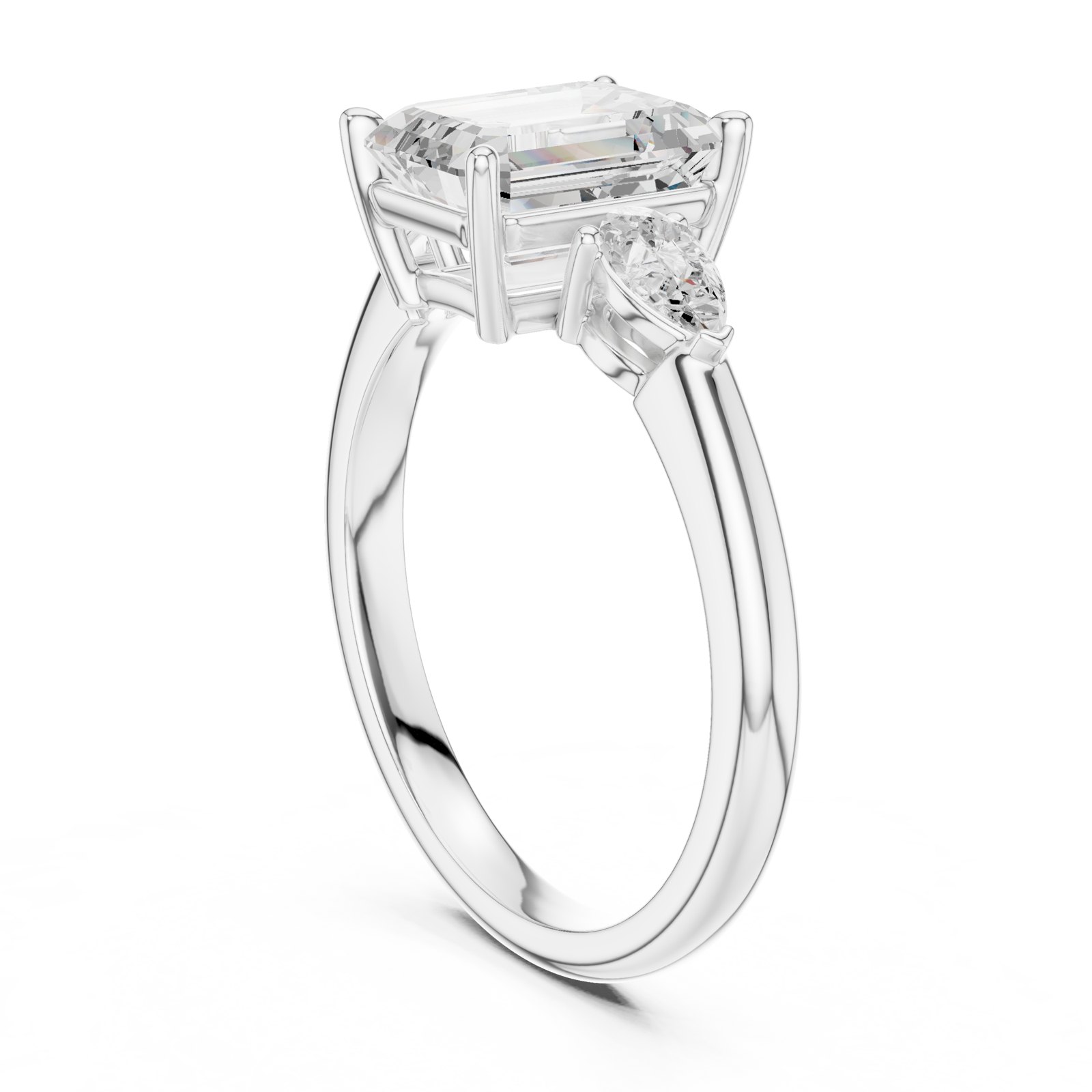 Iole Emerald Cut Three Stone Engagement Ring with Pear Sides in white gold