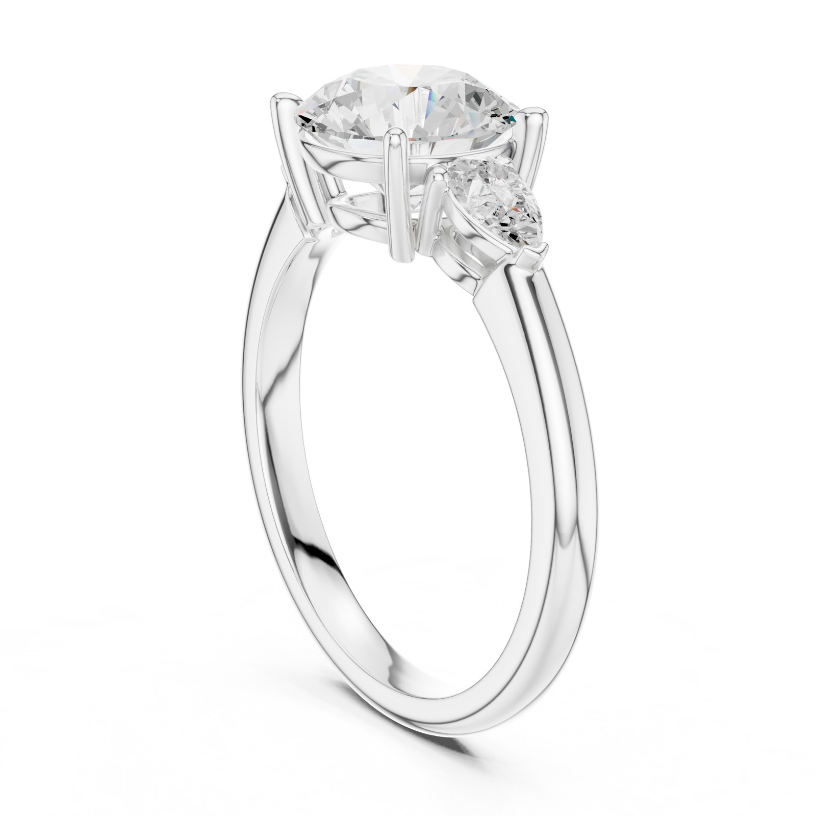 Iole Round Three Stone Engagement Ring with Pear Side Stones in white gold