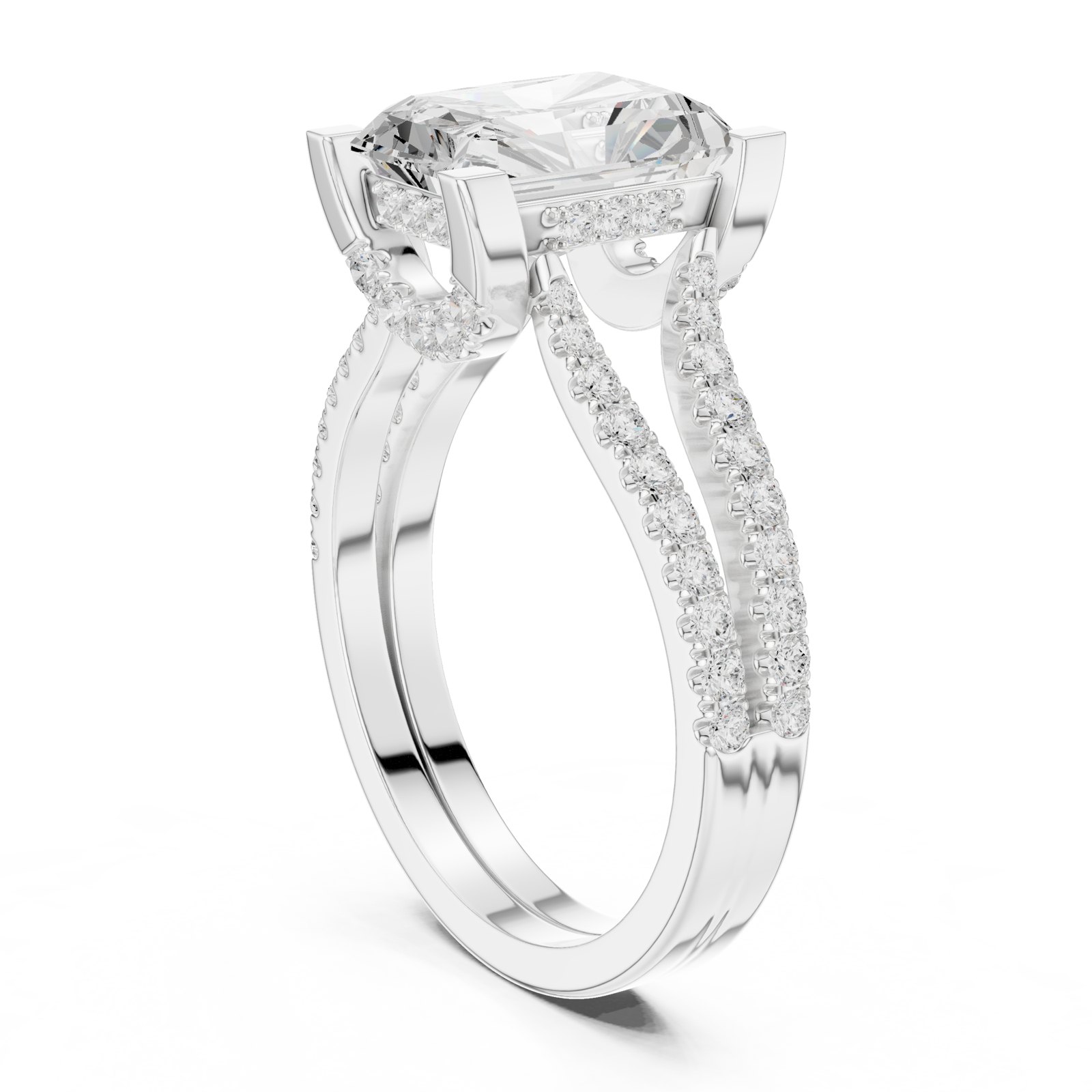 Kara Radiant Hidden Halo Split Shank Engagement Ring in white gold