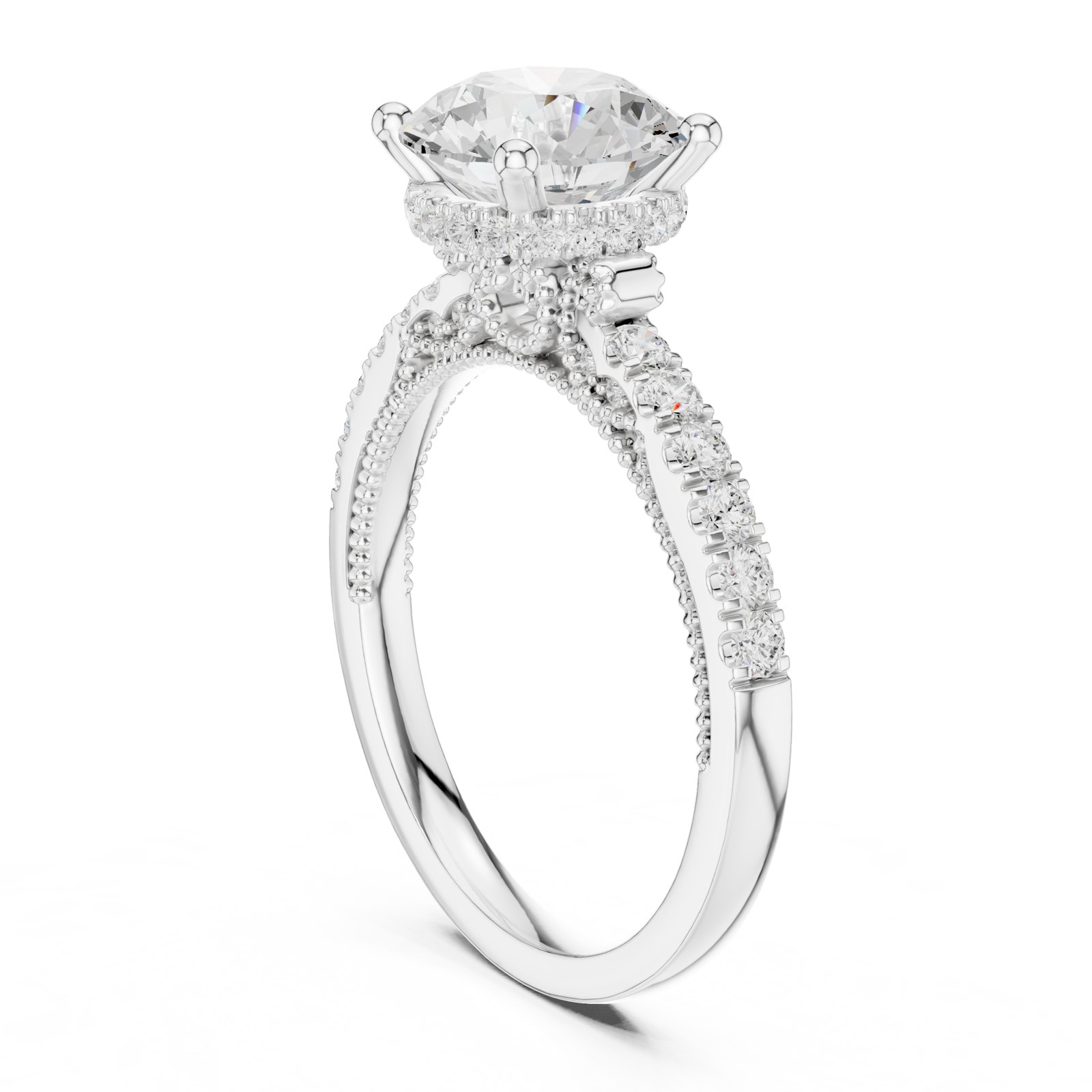 Gabriella Round Hidden Halo Milgrain Pavé Engagement Ring in white gold