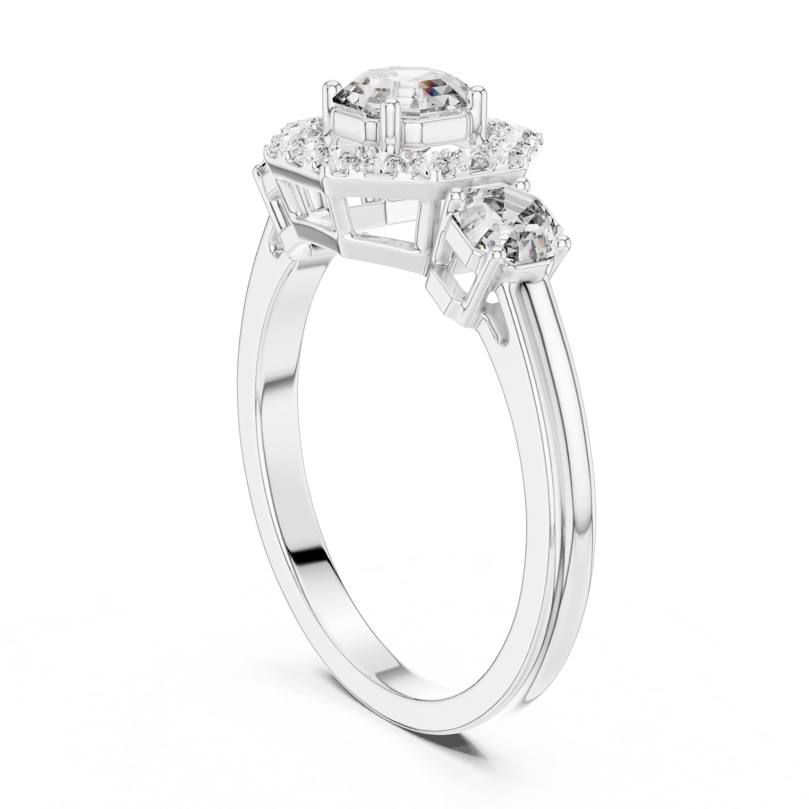 Lana Asscher Halo Engagement Ring with Side Diamonds in white gold