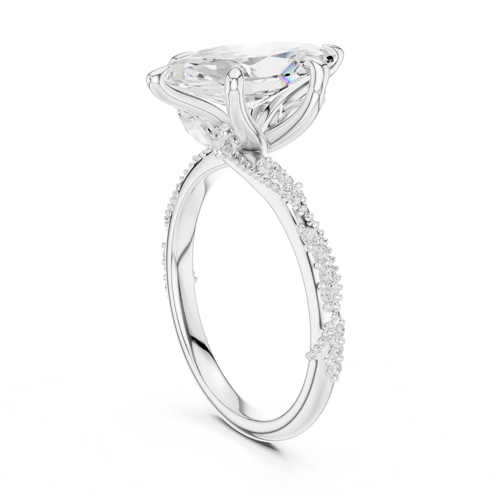 Ilaria Marquise Hidden Halo Twist Pavé Engagement Ring in white gold