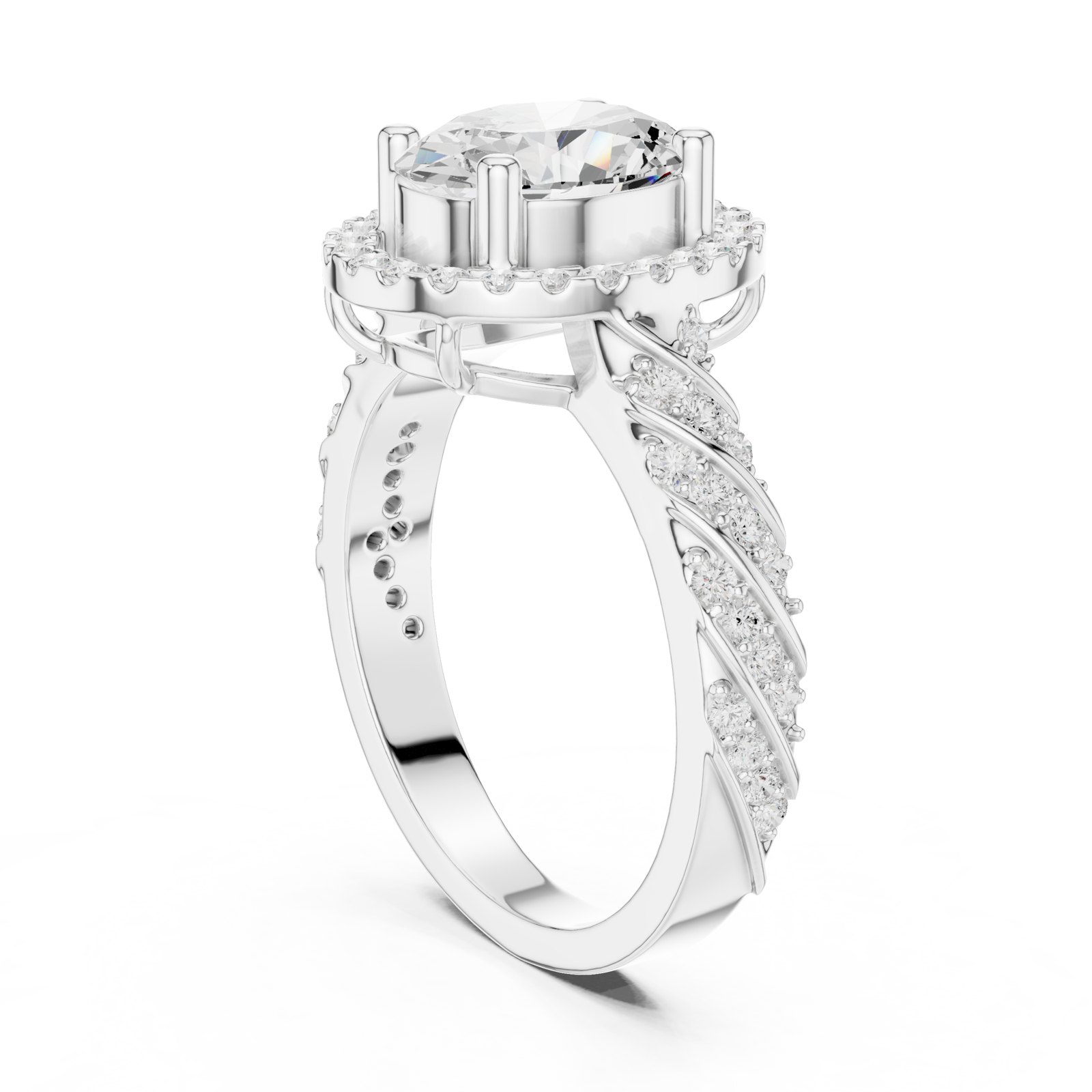 Erna Oval Halo Engagement Ring with Diagonal Pavé Band in white gold