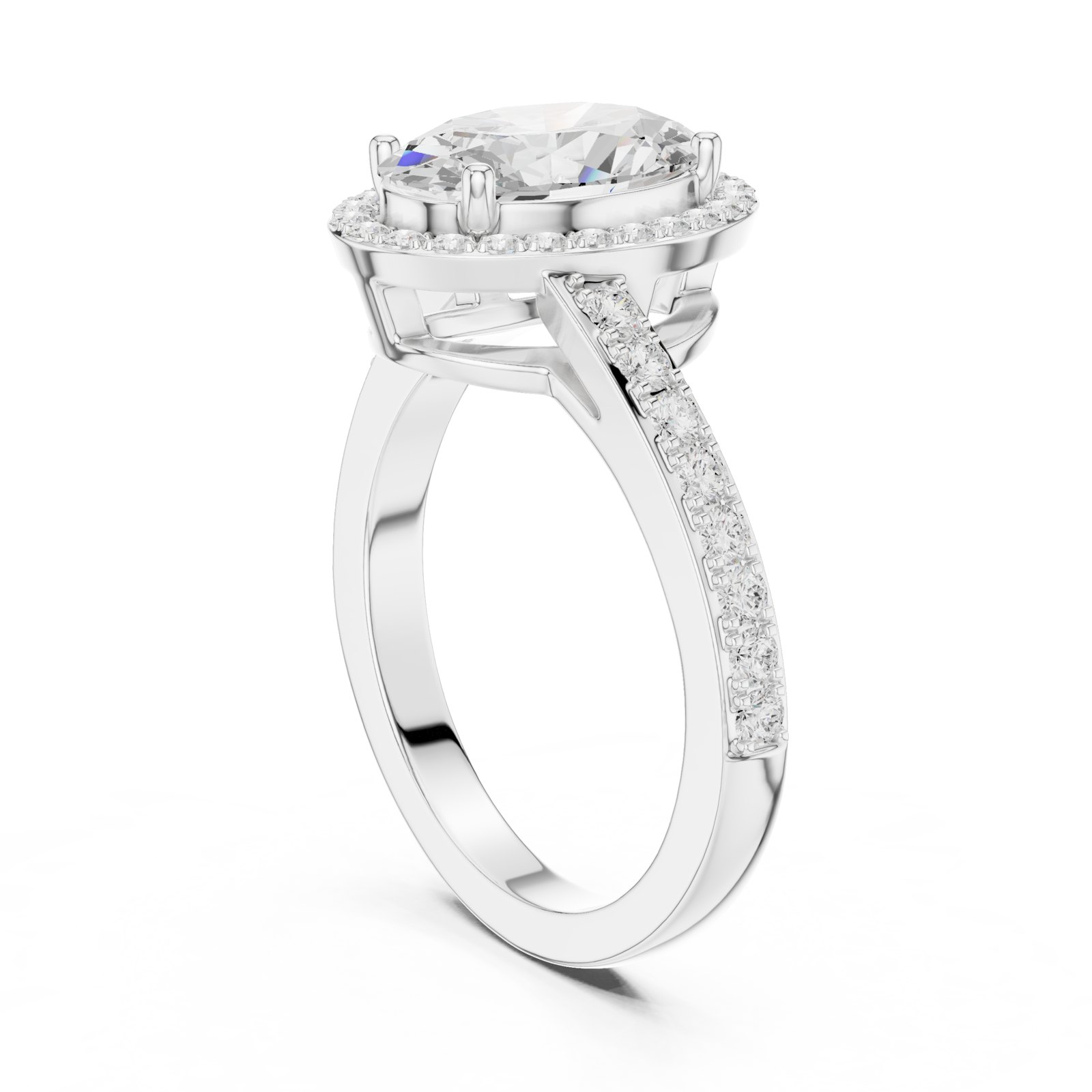 Fenna Oval Halo Engagement Ring with Asymmetric Pavé Shoulder in white gold
