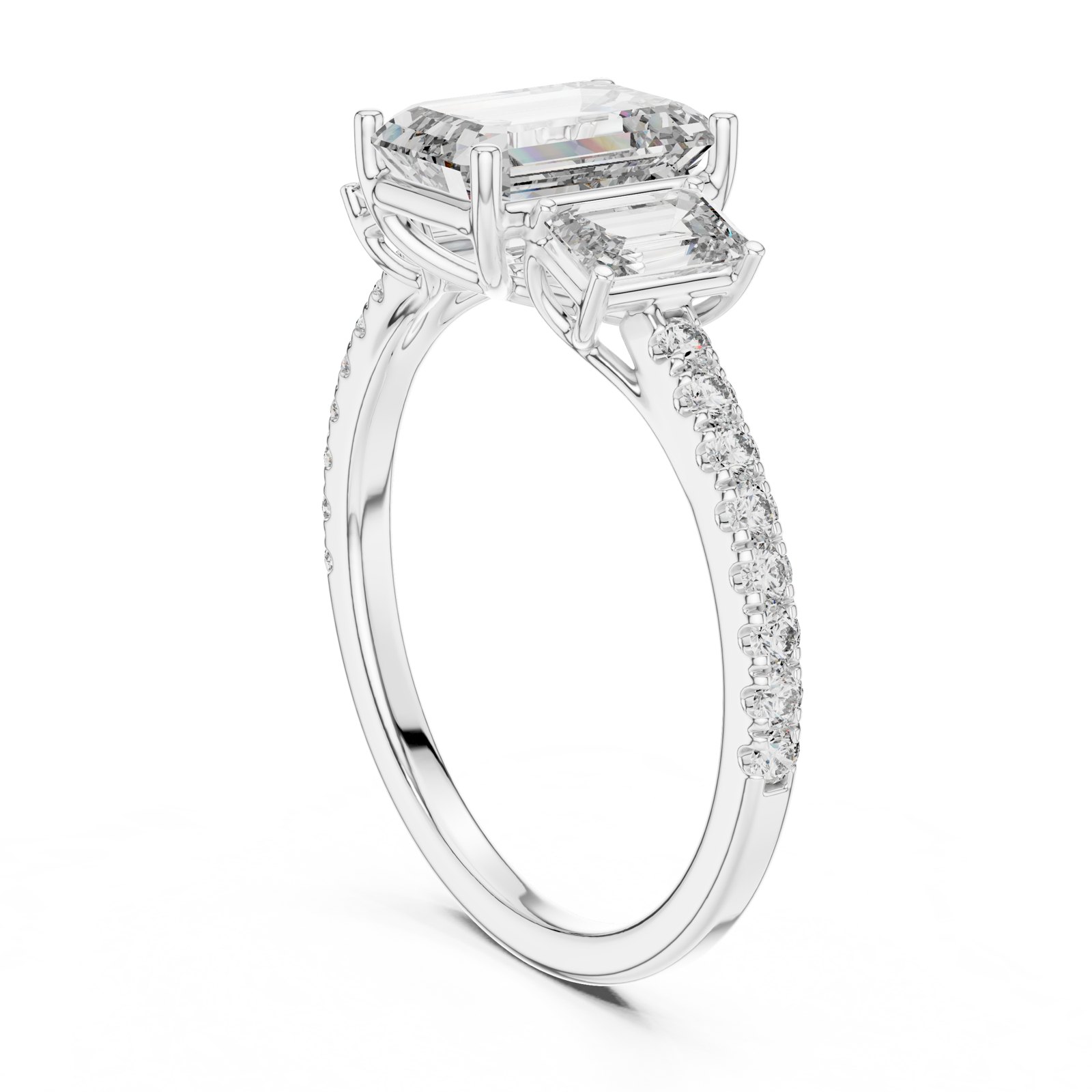 Mia Emerald Cut Three Stone Ring with Pavé Band in white gold