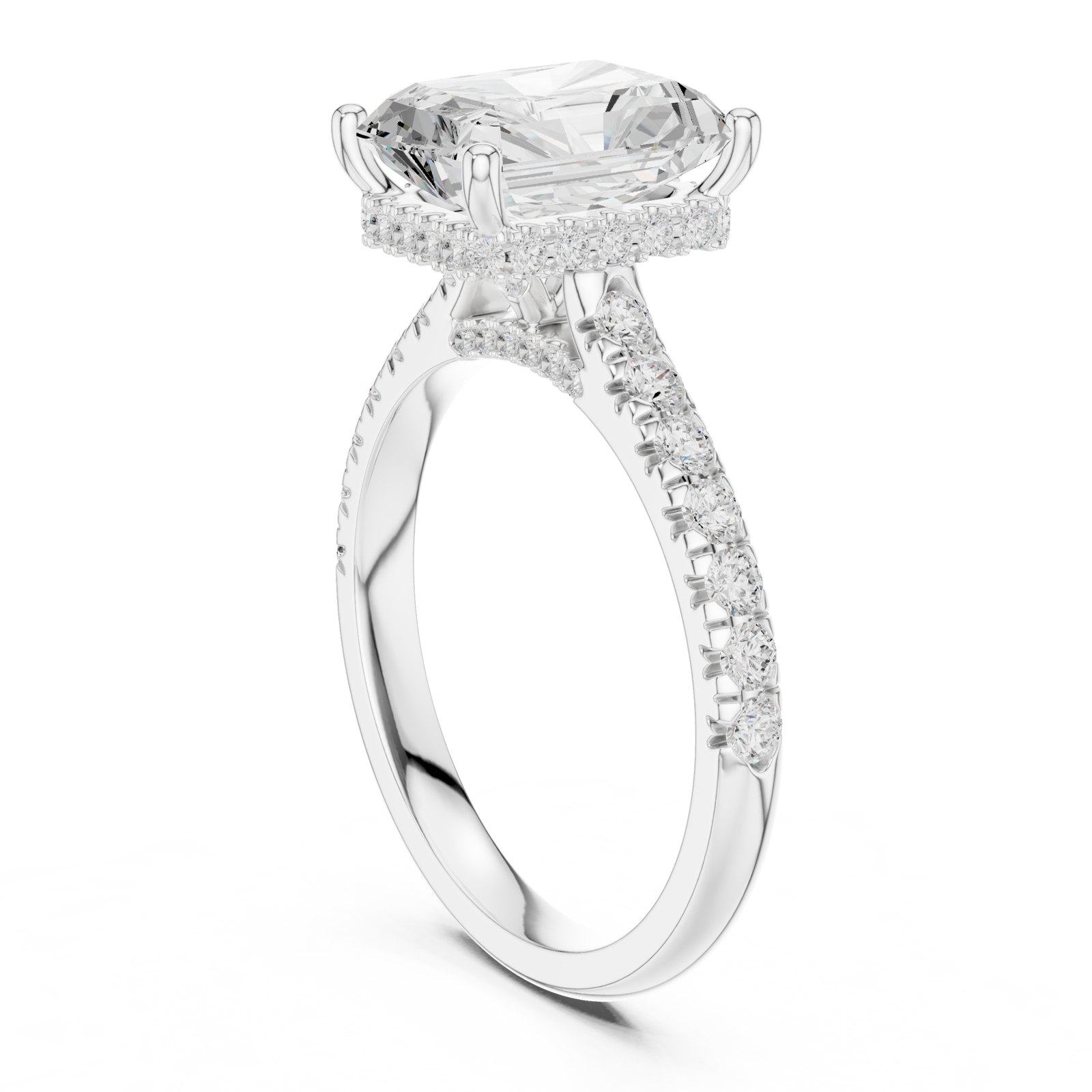 Ines Radiant Cut Hidden Halo Pavé Shoulder Engagement Ring in white gold