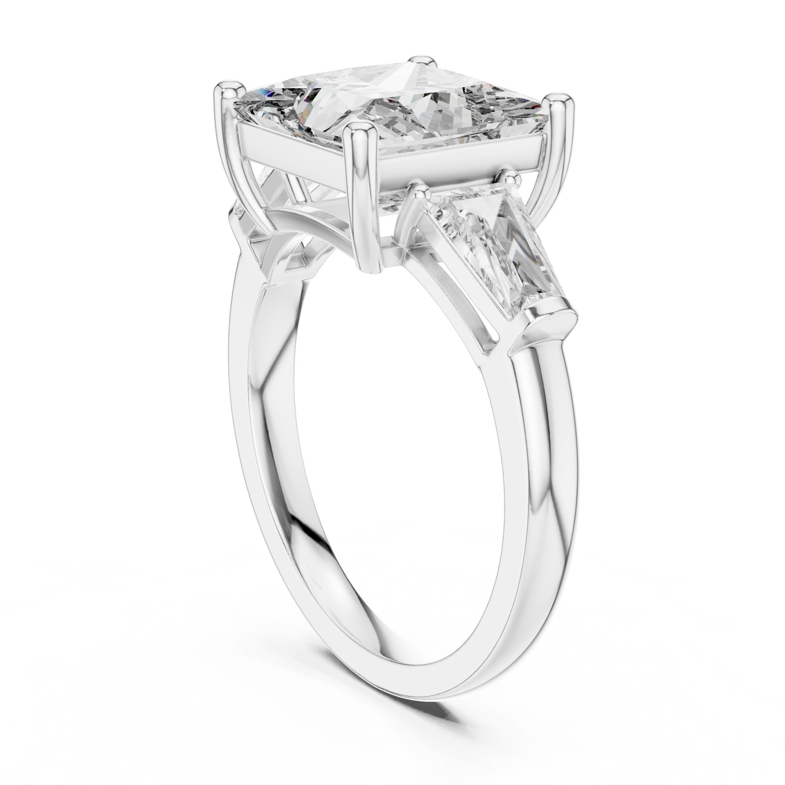 Nadia Princess Cut Three Stone Ring with Tapered Baguettes in white gold