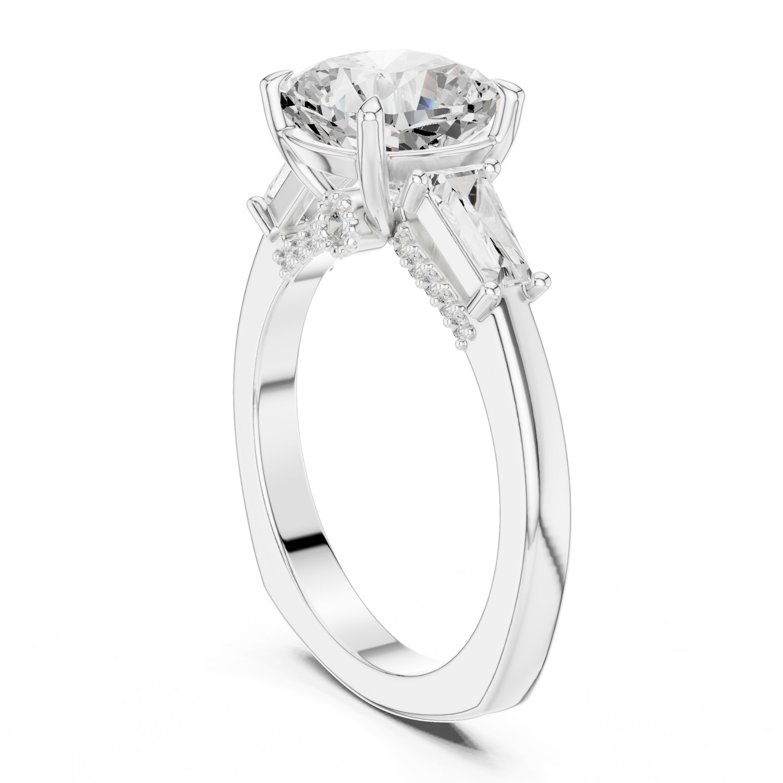 Nova Cushion Three Stone Engagement Ring with Baguette Sides in white gold