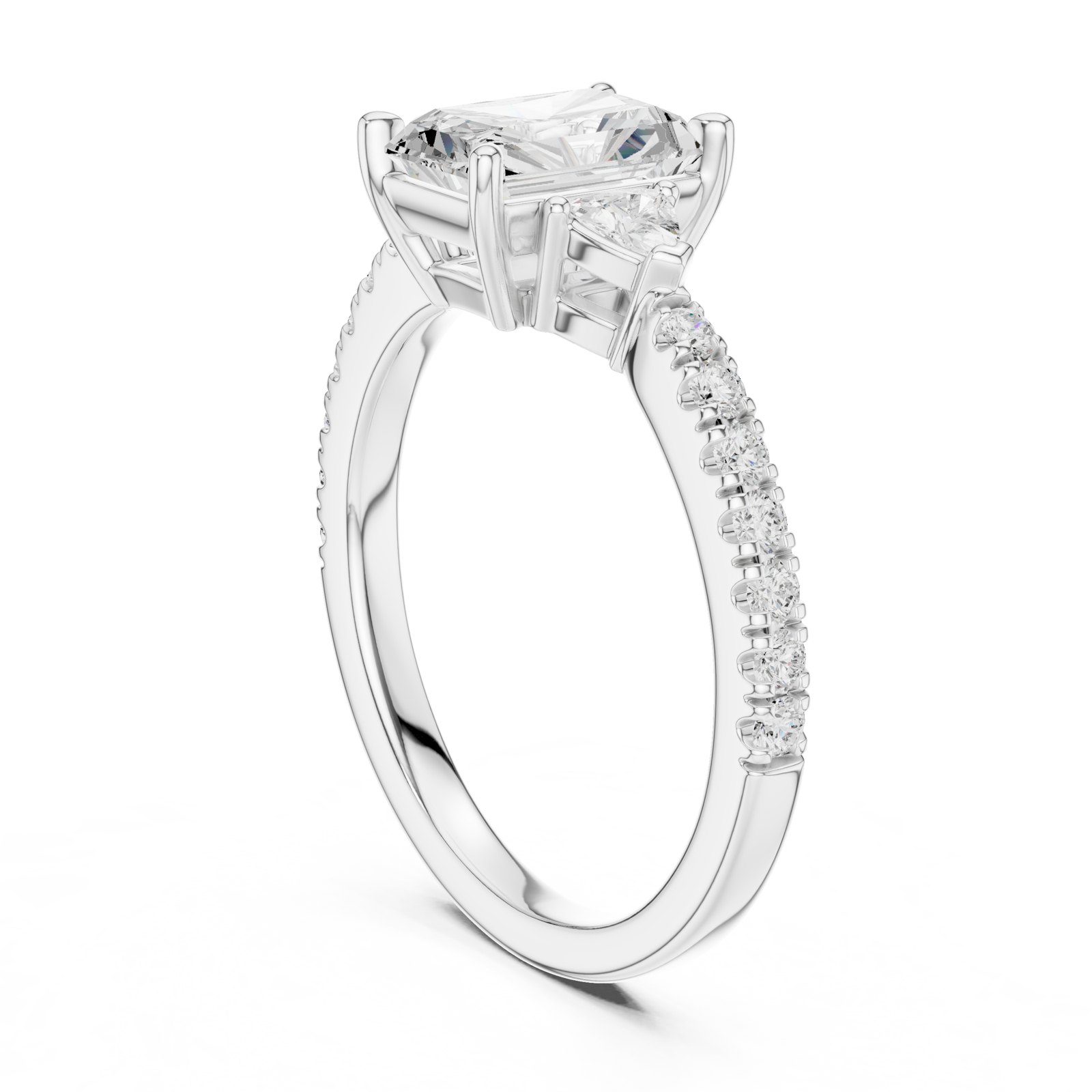 Phoebe Radiant Cut Three Stone Engagement Ring with Pavé Band in white gold