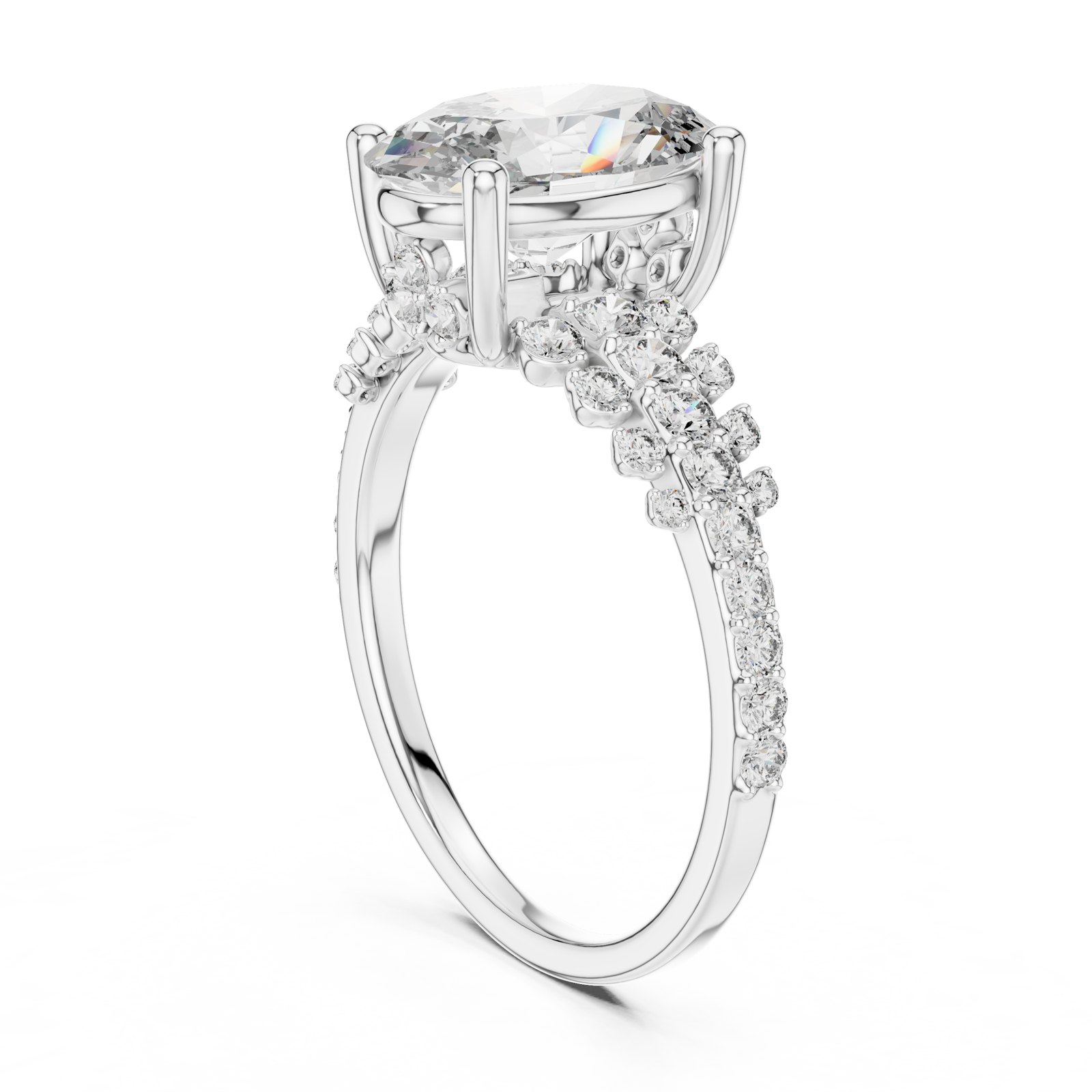 Alice Oval Hidden Halo Engagement Ring with Pavé Cluster Shoulders in white gold