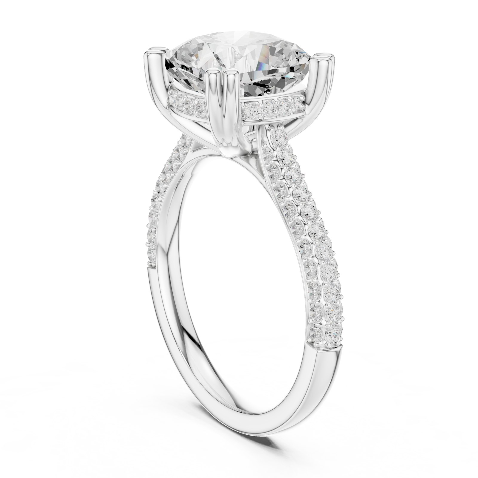 Ingrid Cushion Hidden Halo Ring with Wide Pavé Band in white gold
