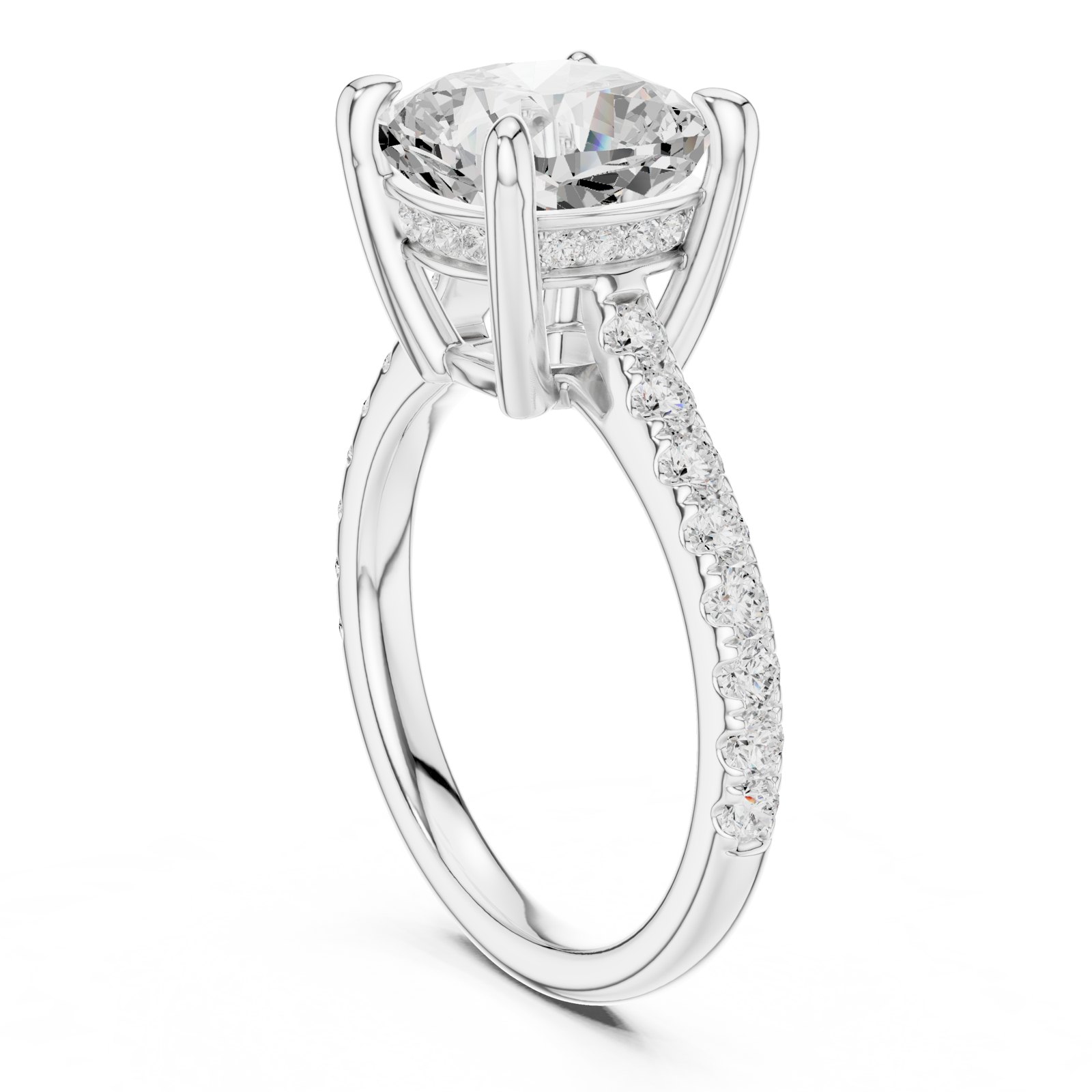 Irene Cushion Hidden Halo Engagement Ring with Pavé Band in white gold