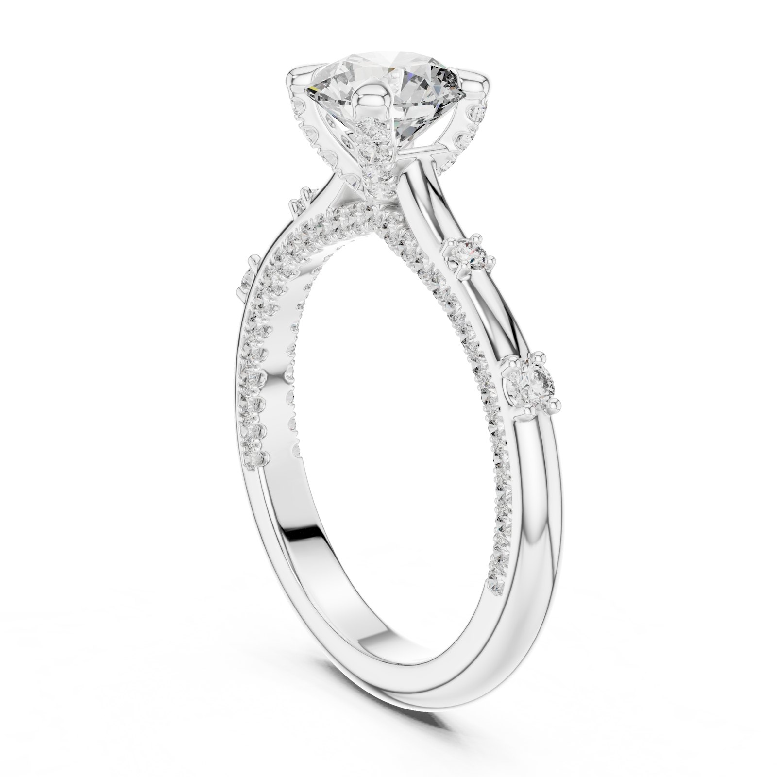 Zenia Round Solitaire Engagement Ring with Micro Pavé Band in white gold