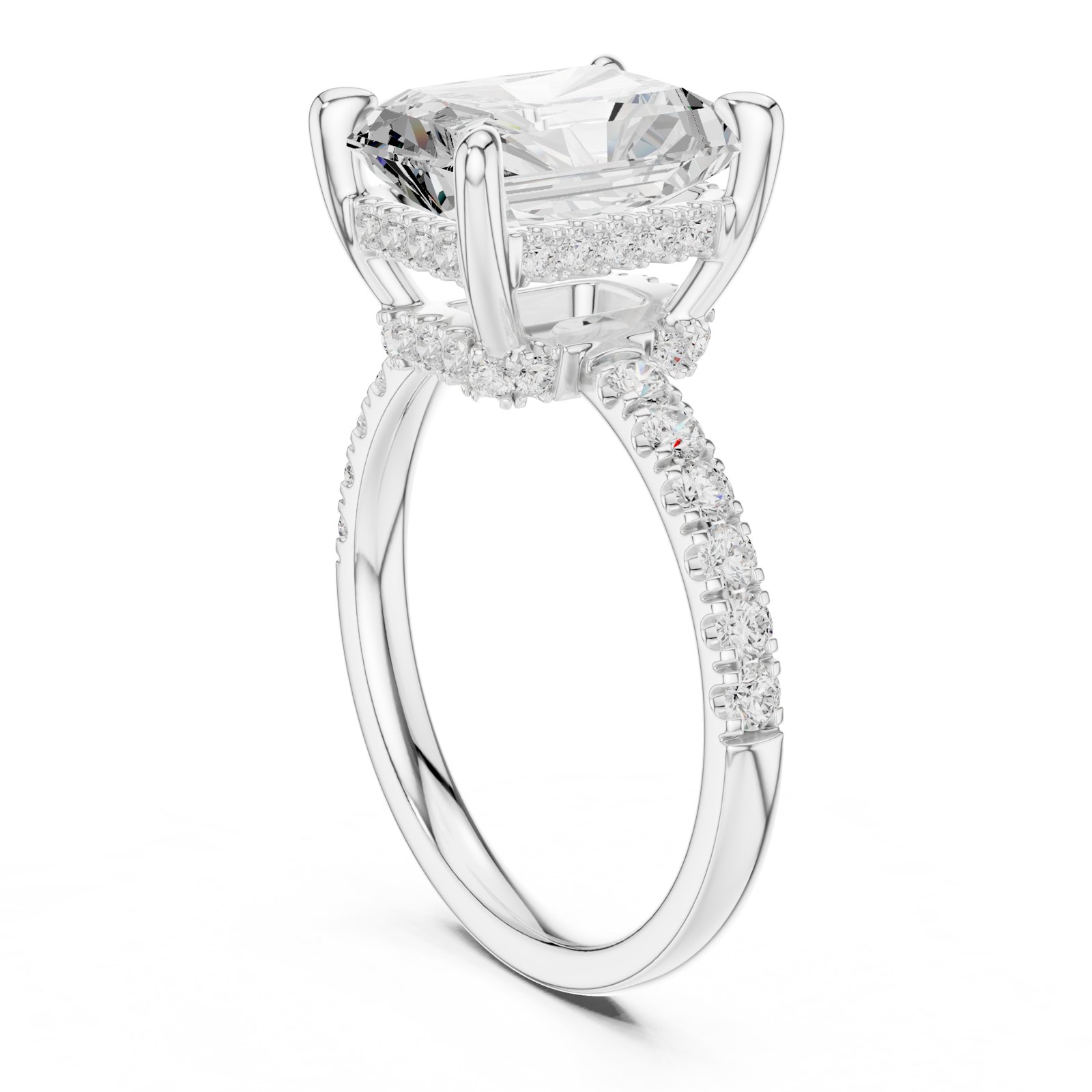 Inez Radiant Hidden Halo Engagement Ring with Tall Claws in white gold
