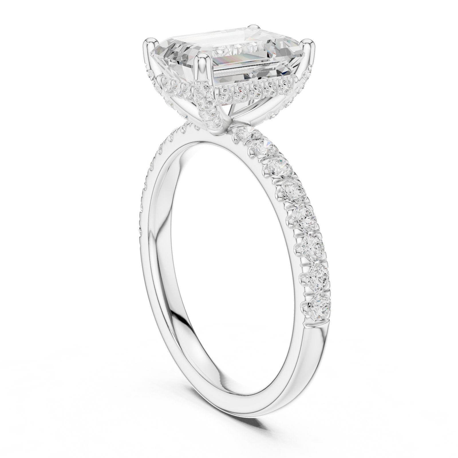 Hestia Emerald Cut Hidden Halo Pavé Engagement Ring in white gold